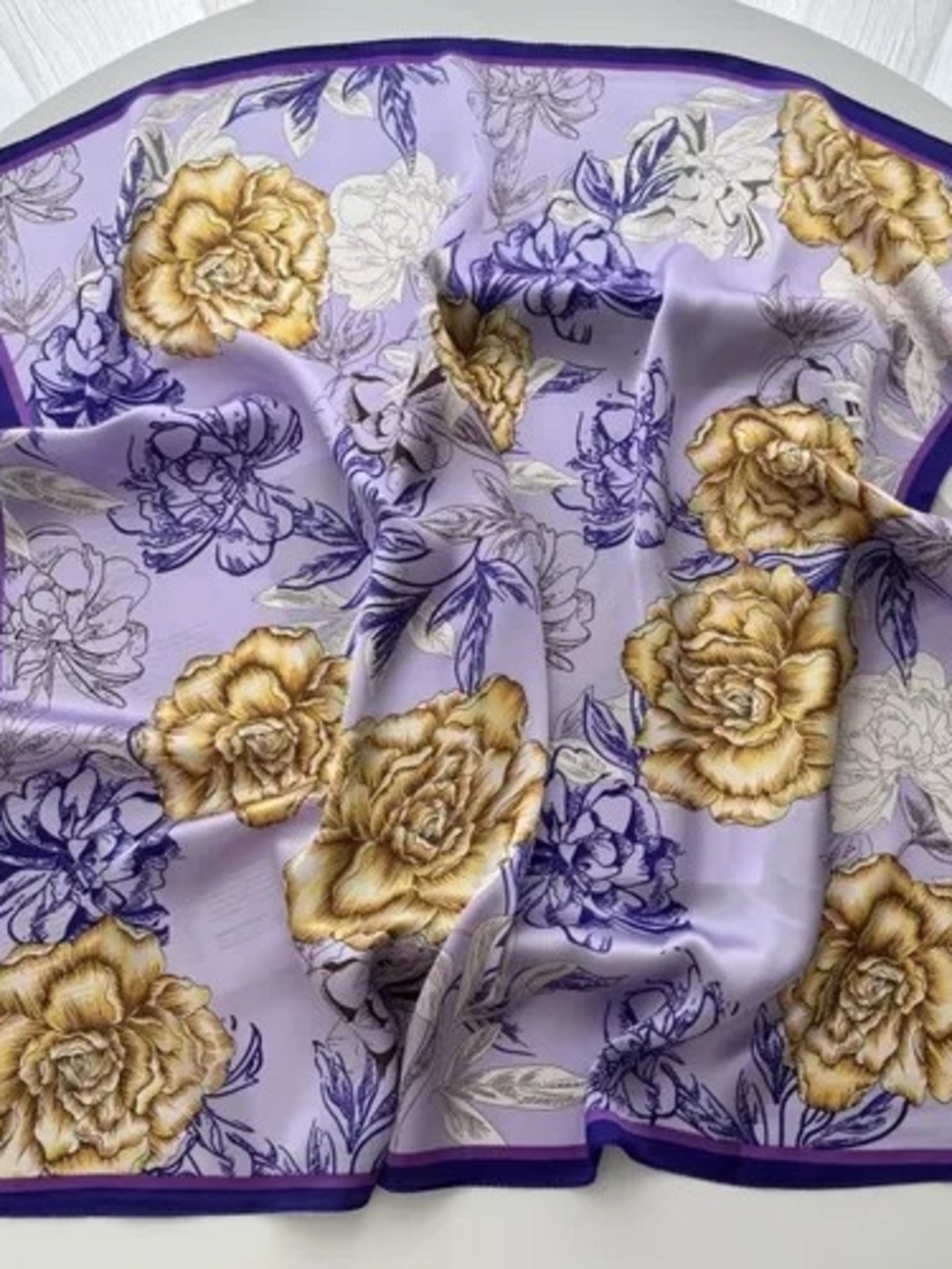 Silk-feel  Floral Satin Scarf - Lavender with Gold Rose Print 70*70cm